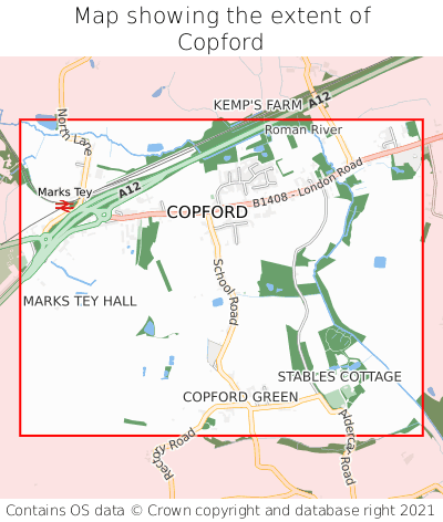 Map showing extent of Copford as bounding box