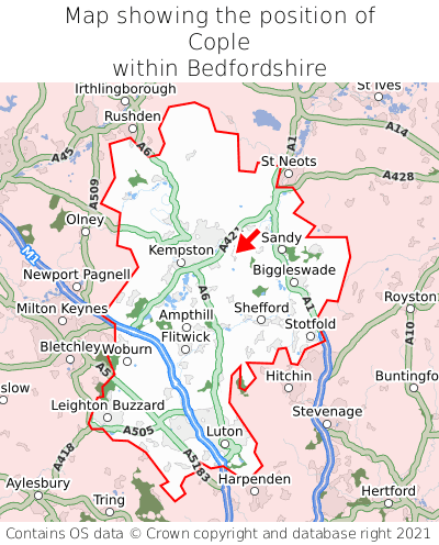 Map showing location of Cople within Bedfordshire