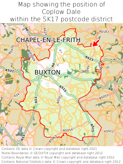 Map showing location of Coplow Dale within SK17