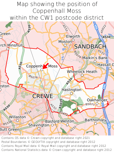 Map showing location of Coppenhall Moss within CW1