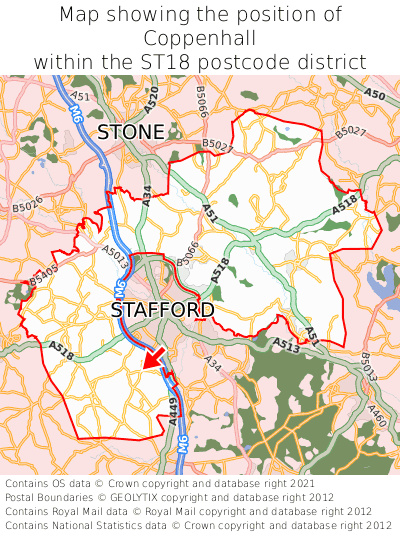 Map showing location of Coppenhall within ST18