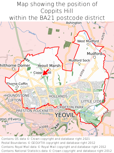 Map showing location of Coppits Hill within BA21