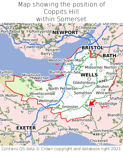Map showing location of Coppits Hill within Somerset