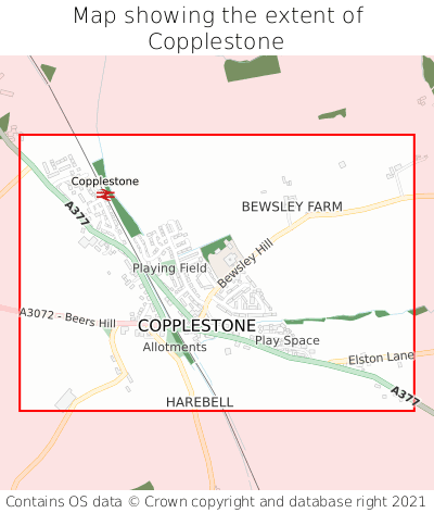 Map showing extent of Copplestone as bounding box