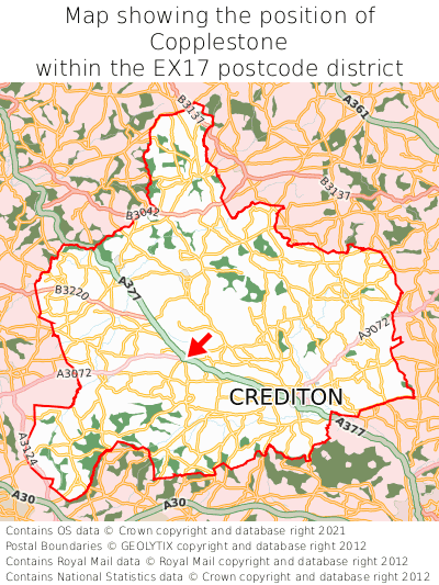Map showing location of Copplestone within EX17