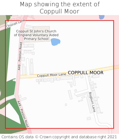 Map showing extent of Coppull Moor as bounding box