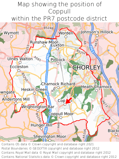 Map showing location of Coppull within PR7