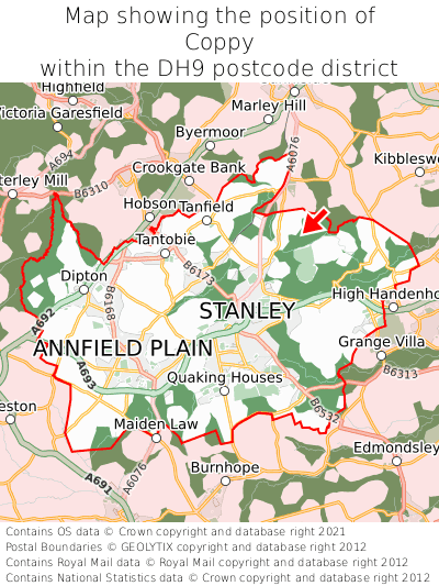 Map showing location of Coppy within DH9