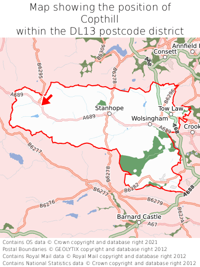 Map showing location of Copthill within DL13
