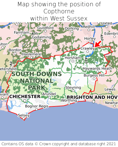 Map showing location of Copthorne within West Sussex