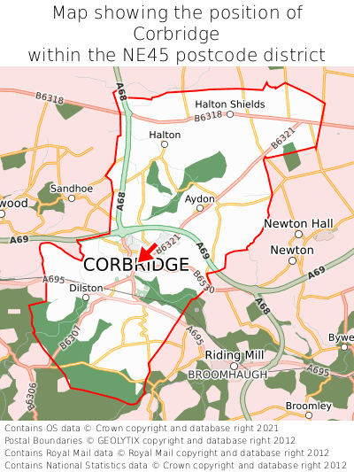 Map showing location of Corbridge within NE45