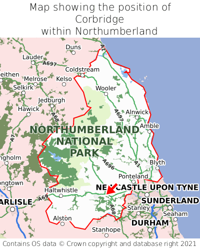 Map showing location of Corbridge within Northumberland