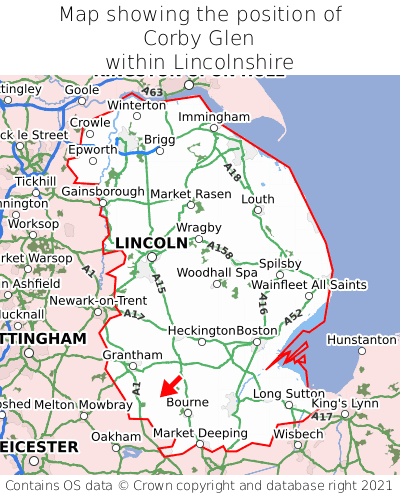 Map showing location of Corby Glen within Lincolnshire
