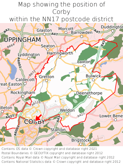 Map showing location of Corby within NN17