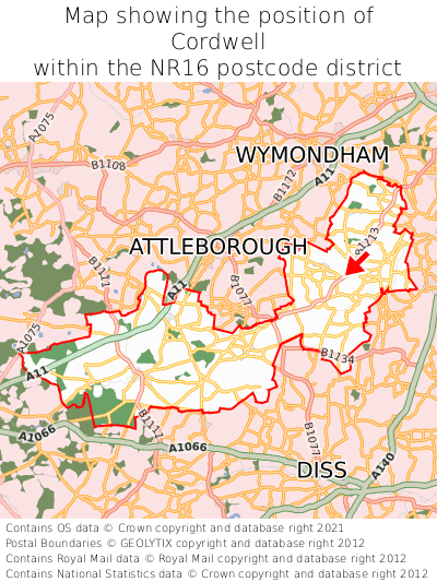 Map showing location of Cordwell within NR16