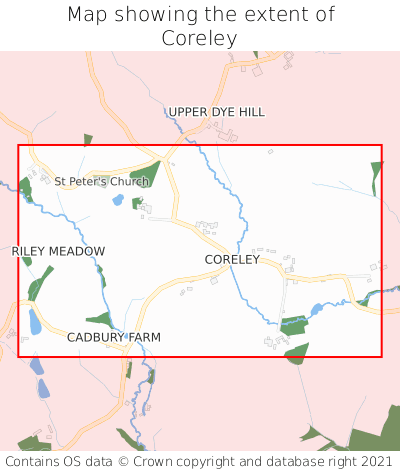 Map showing extent of Coreley as bounding box