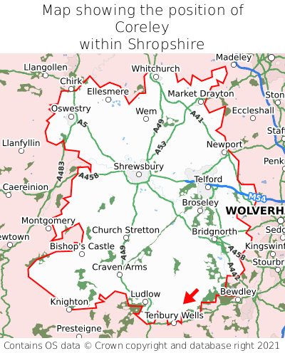 Map showing location of Coreley within Shropshire