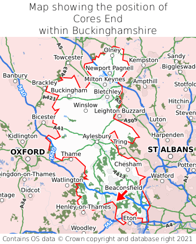 Map showing location of Cores End within Buckinghamshire