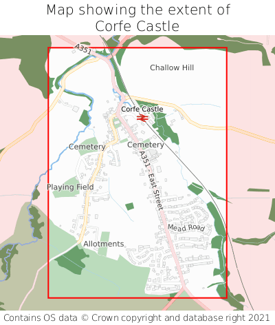 Map showing extent of Corfe Castle as bounding box