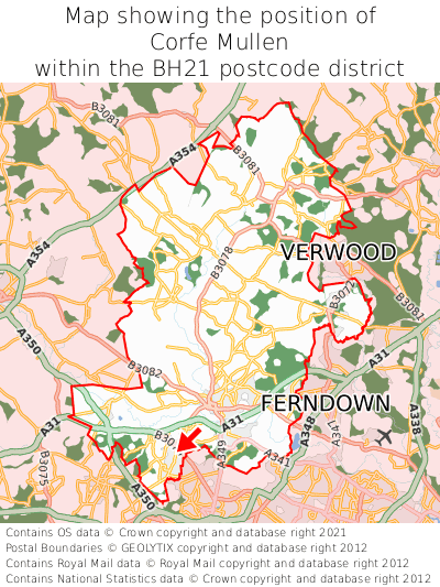 Map showing location of Corfe Mullen within BH21