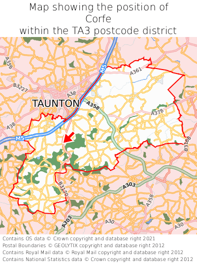Map showing location of Corfe within TA3