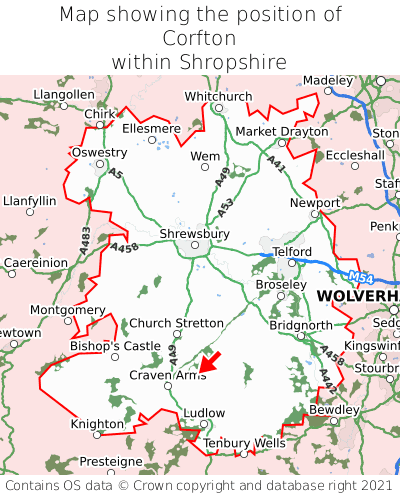 Map showing location of Corfton within Shropshire