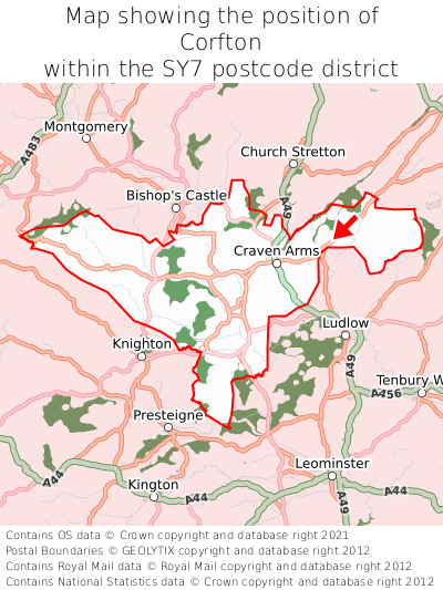 Map showing location of Corfton within SY7