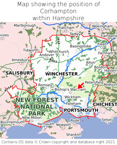 Map showing location of Corhampton within Hampshire