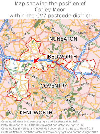 Map showing location of Corley Moor within CV7
