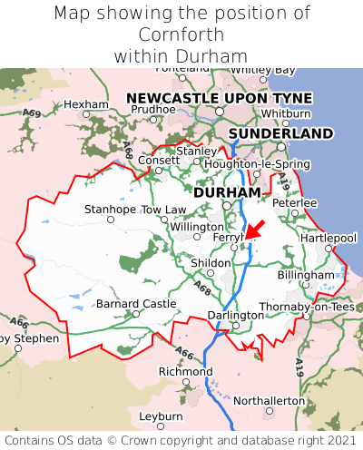Map showing location of Cornforth within Durham