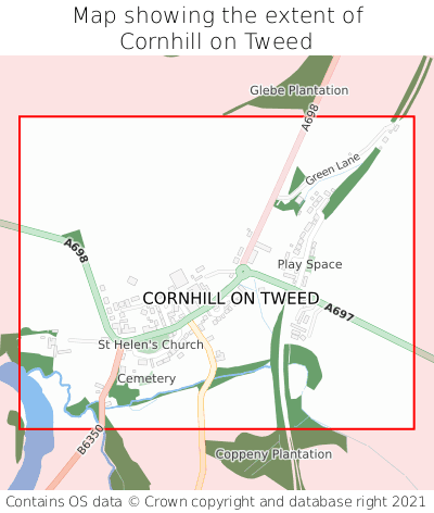Map showing extent of Cornhill on Tweed as bounding box