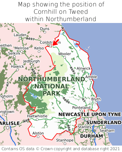 Map showing location of Cornhill on Tweed within Northumberland