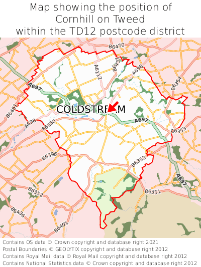 Map showing location of Cornhill on Tweed within TD12