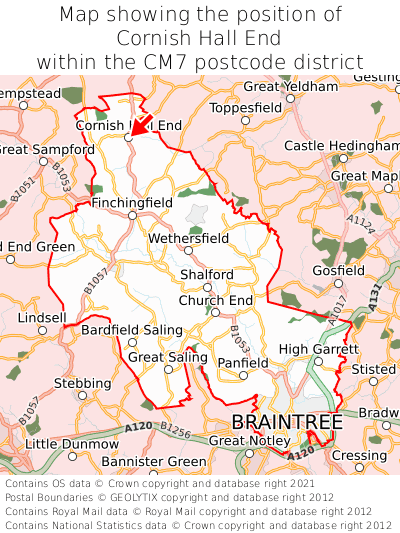 Map showing location of Cornish Hall End within CM7