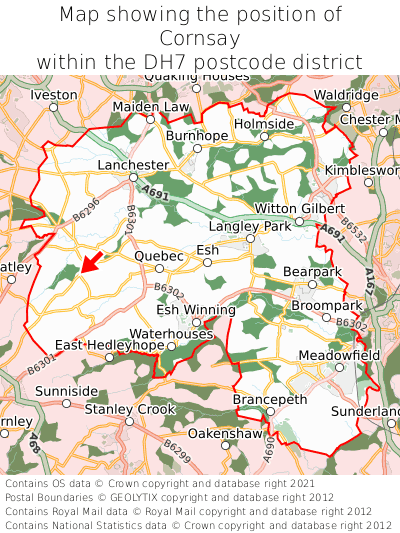 Map showing location of Cornsay within DH7