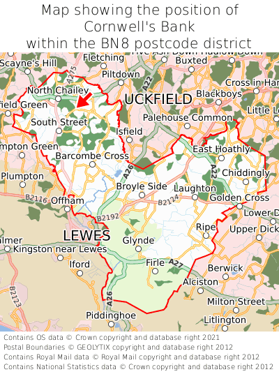 Map showing location of Cornwell's Bank within BN8