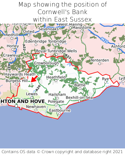 Map showing location of Cornwell's Bank within East Sussex