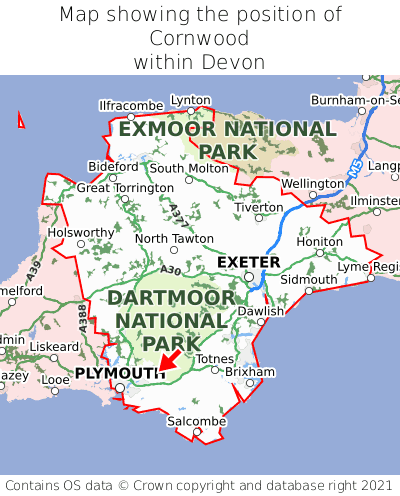 Map showing location of Cornwood within Devon
