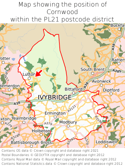 Map showing location of Cornwood within PL21