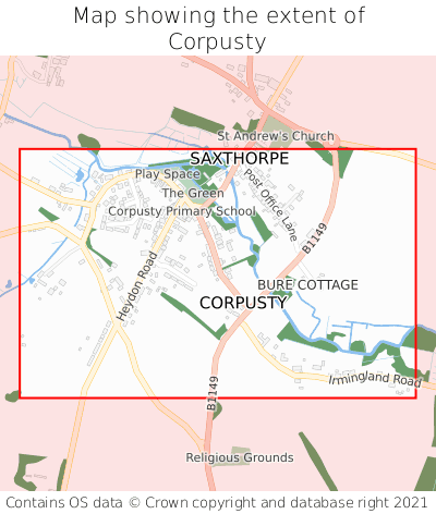Map showing extent of Corpusty as bounding box