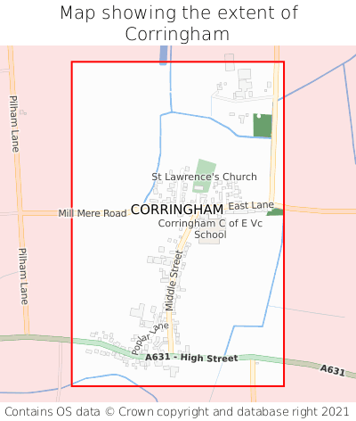 Map showing extent of Corringham as bounding box