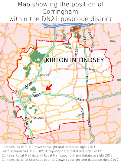 Map showing location of Corringham within DN21