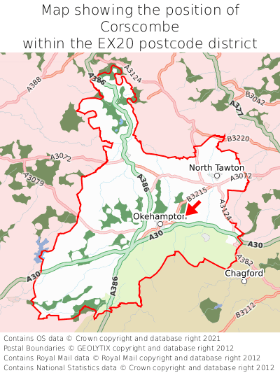 Map showing location of Corscombe within EX20