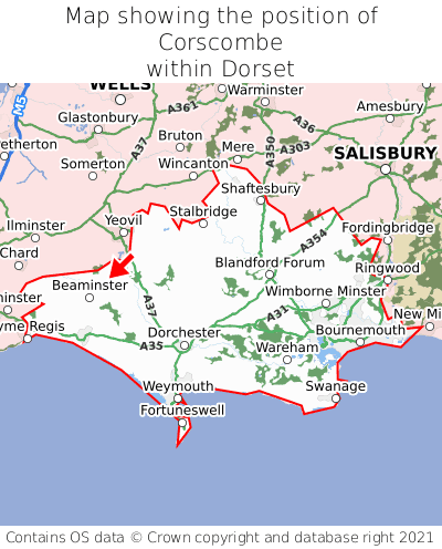 Map showing location of Corscombe within Dorset