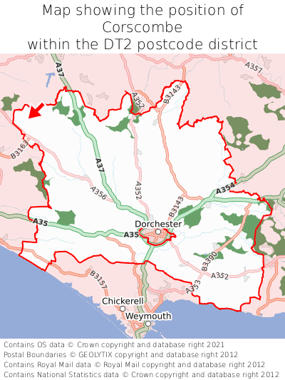 Map showing location of Corscombe within DT2