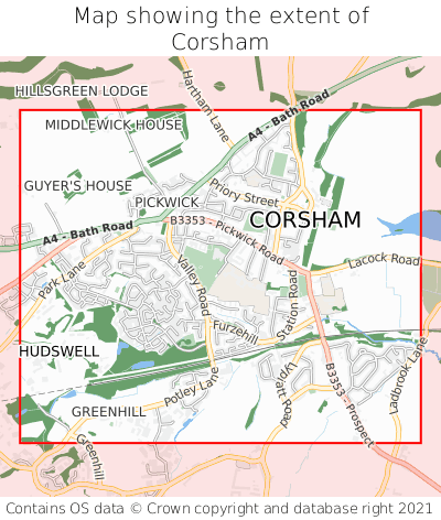 Map showing extent of Corsham as bounding box