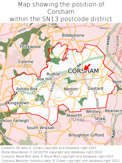 Map showing location of Corsham within SN13