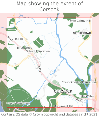 Map showing extent of Corsock as bounding box
