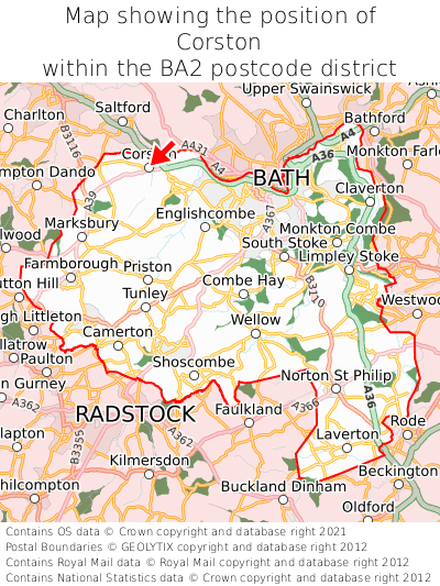Map showing location of Corston within BA2