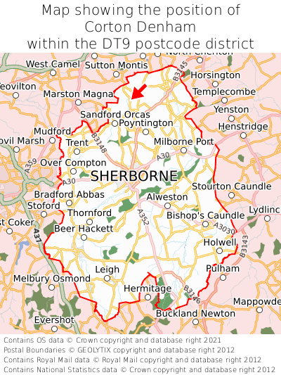 Map showing location of Corton Denham within DT9